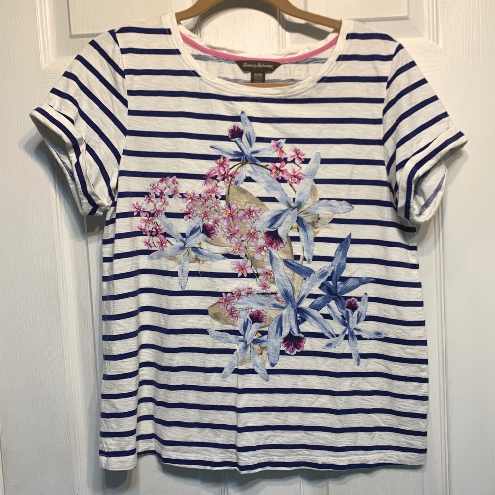 Tommy Bahama Striped Floral Orchid T-Shirt Size Medium Navy White Tropical Tee